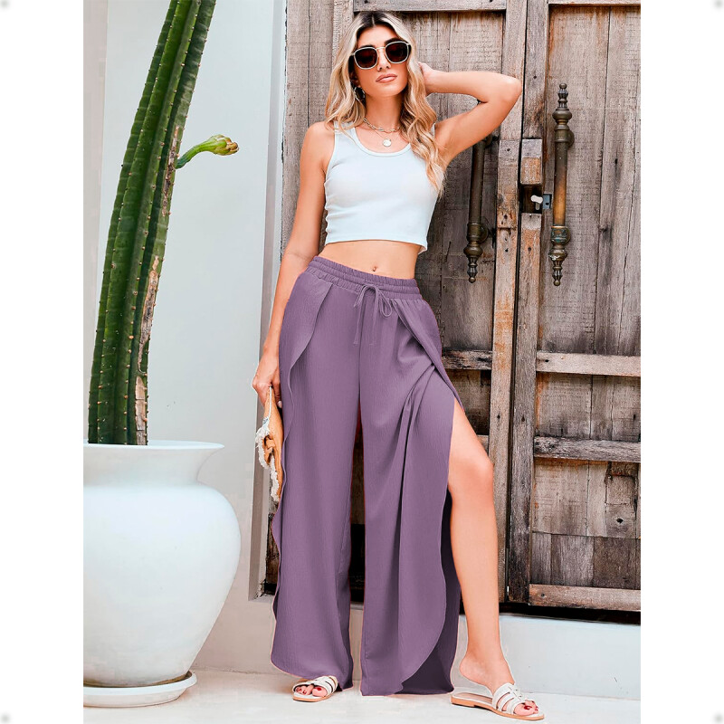Pantalón Palazzo Elastizado Liso con Abertura Lila