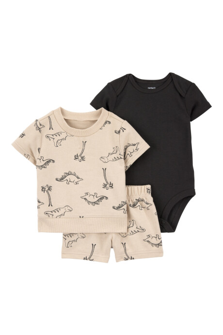 Set tres piezas de algodón, short, remera y body, diseño dinos Sin color