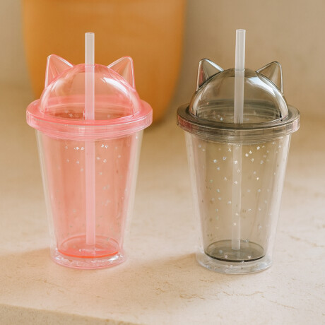 Vaso plástico orejas gatito con tapa y sorbete – 350ml Gris