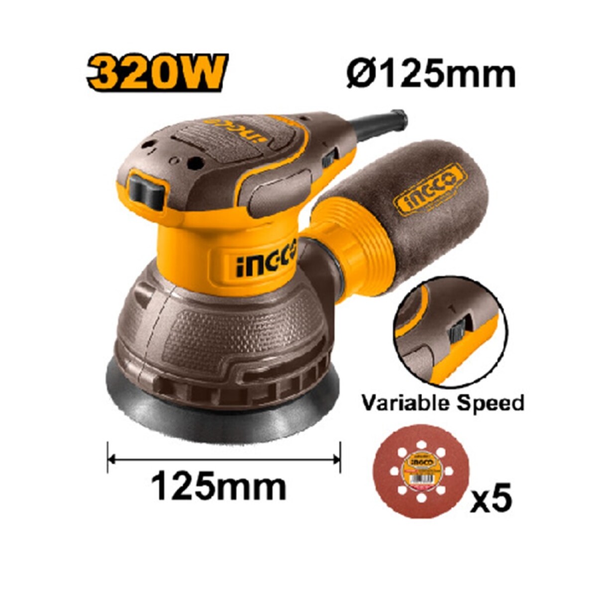 LIJADORA ROTO ORBITAL 125MM 320W RS3216 INGCO - AMARILLO-NEGRO 