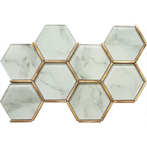 Mosaico Hexagonal Vidrio 28X41 Marmolado Con Bordes Dorados 000