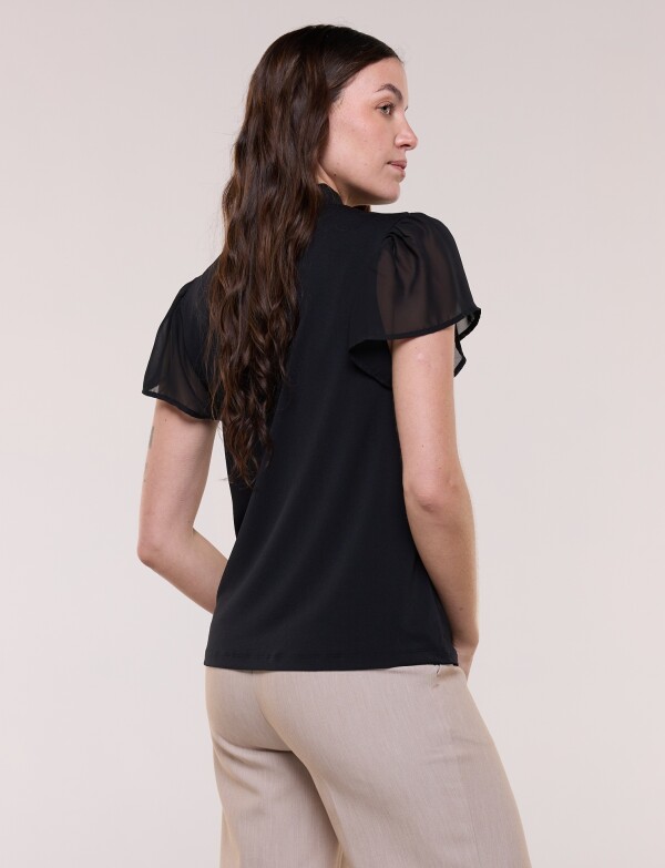 Blusa Tie Neck Con Mangas Mariposa De Gasa NEGRO