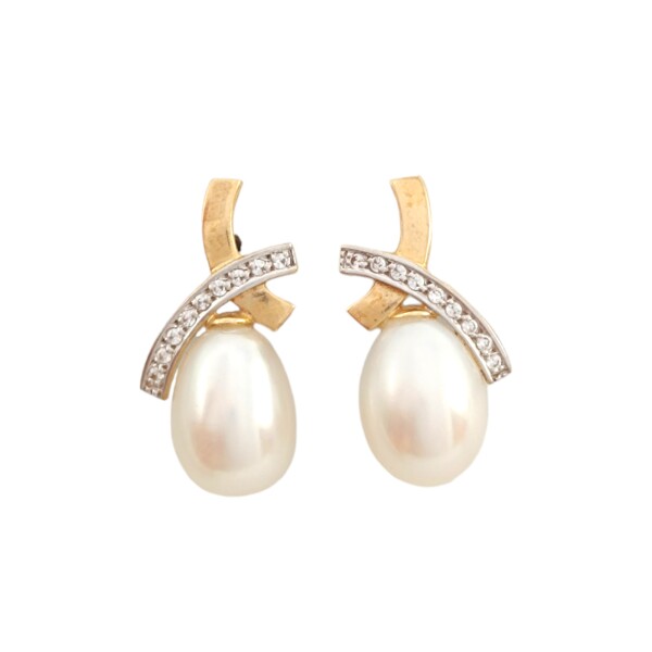 Caravanas cruz Perlas y piedra - Oro bajo - Perla de río y Zirconias - CA8050 conperla