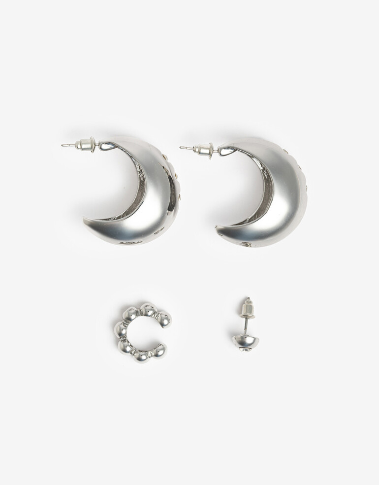 Aros Sets Strass Aros Argolla Set Metal Y Strass - Plateado Rodio