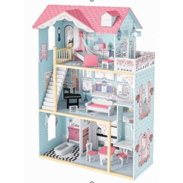 CASA DE MUÑECAS EN MADERA CON MUEBLES CELESTE CASA DE MUÑECAS EN MADERA CON MUEBLES CELESTE