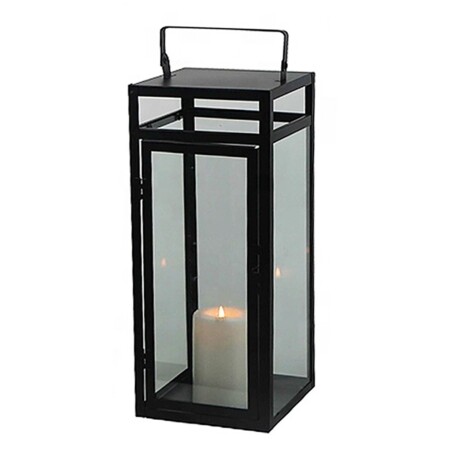 Farol Porta Vela Mediano Metal Vidrio Candelabro Decoración Negro