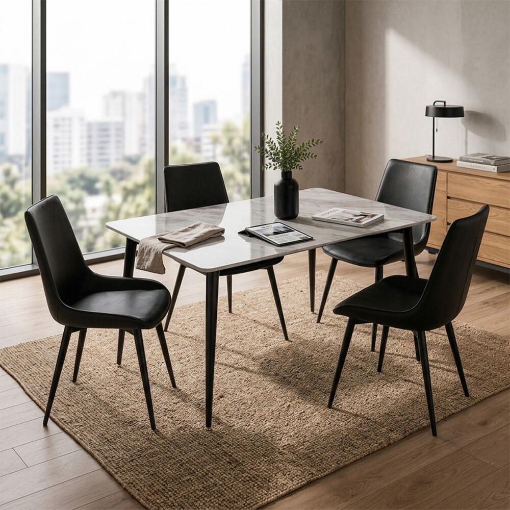 Juego De Comedor Mesa vidrio Símil Mármol + 4 Sillas Ecocuero Mesa gris + 4 sillas negras