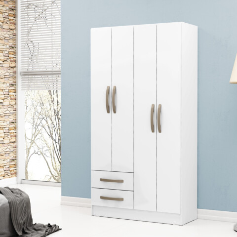 Ropero Blanco 4 puertas 2 cajones con estantes y perchero 172x90x35 cm Interior Natural Ropero Blanco 4 puertas 2 cajones con estantes y perchero 172x90x35 cm Interior Natural