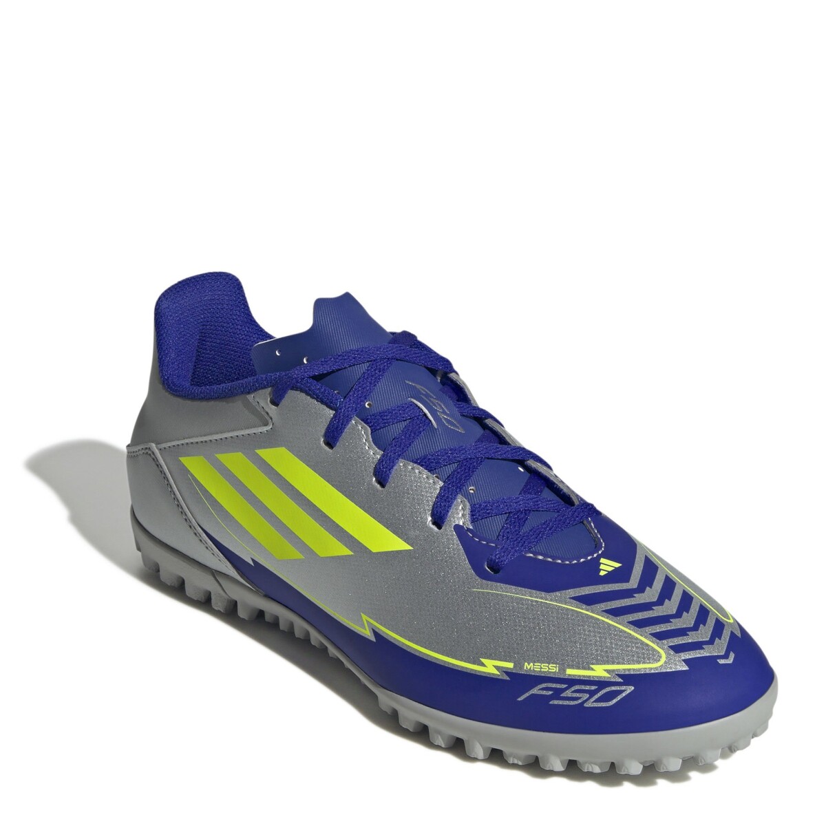 Championes de Fútbol 5 Unisex Adidas F50 Club TF Messi - Plateado - Azul - Amarillo 
