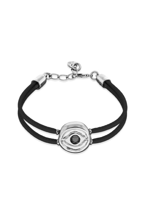 PULSERA DE CUERO DOBLE NEGRO CON DETALLE DE OJO EN ALEACIÓN DE METALES BAÑADO EN PLATA Y CRISTAL Pulsera