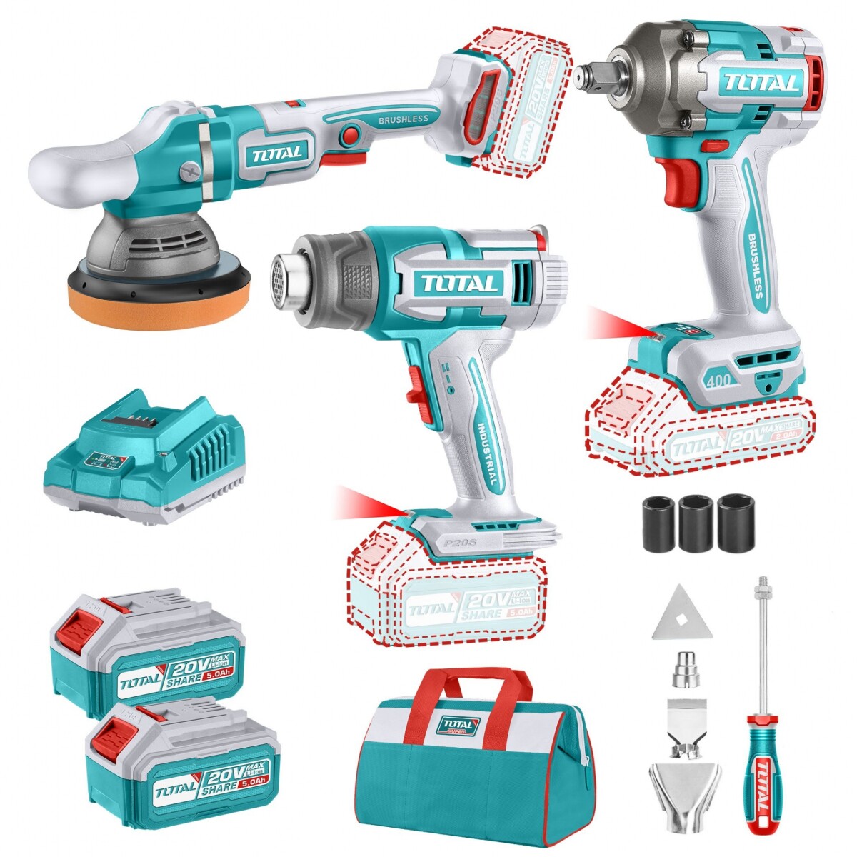 Kit Línea 20v: Llave Impacto 1/2'' + Pulidora 150mm + Pistola De Calor - 2 Baterías 5.0Ah 