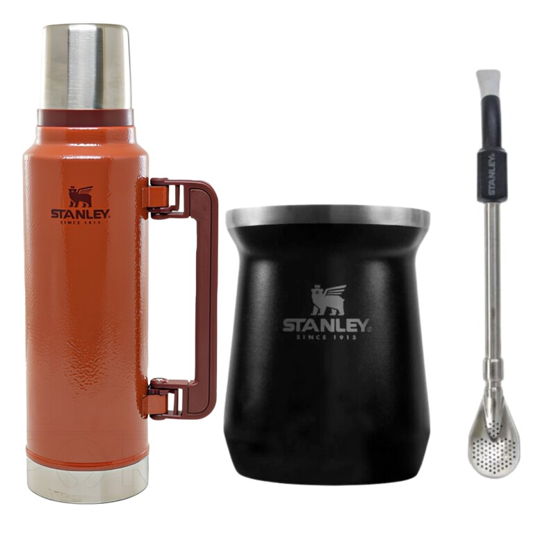 Set Stanley termo de 1.4 lt + mate + bombilla Naranja + Negro