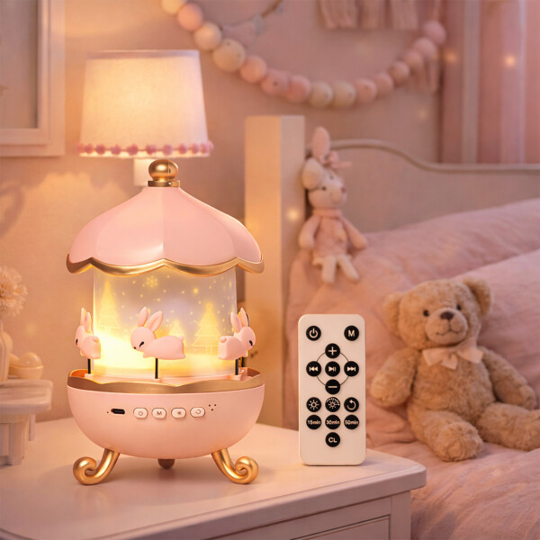 Lámpara Veladora Proyectora Conejo Recargable Control Remoto Color Rosa