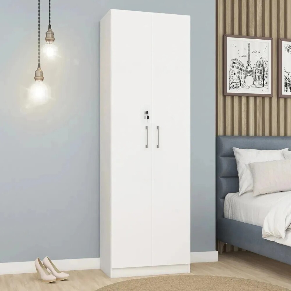 ROPERO 2 PUERTAS GUARDARROPA ARMARIO PLACARD CLOSET MULTIUSO CON LLAVE BLANCO