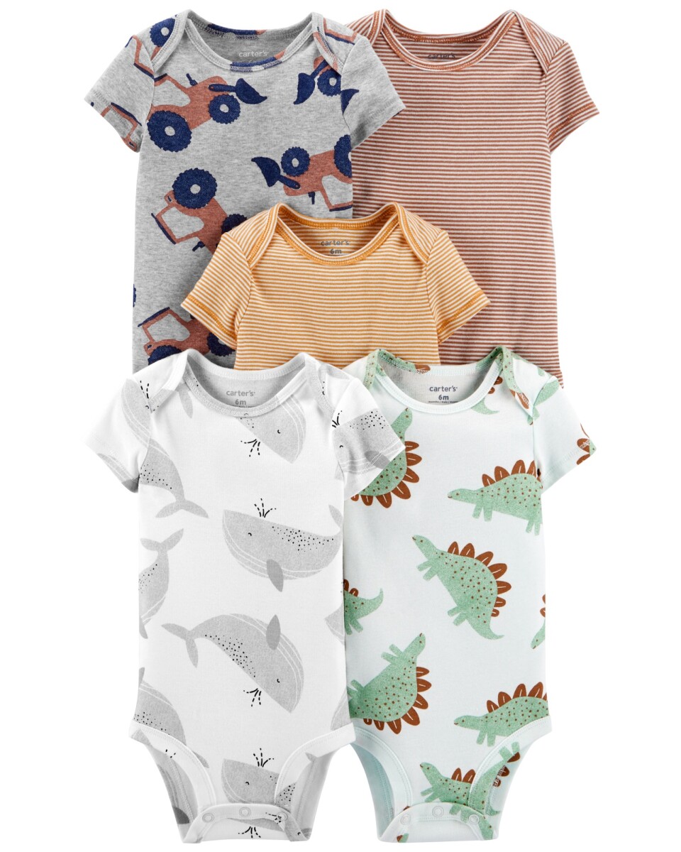 Pack cinco bodies de algodón, manga corta, estampados 