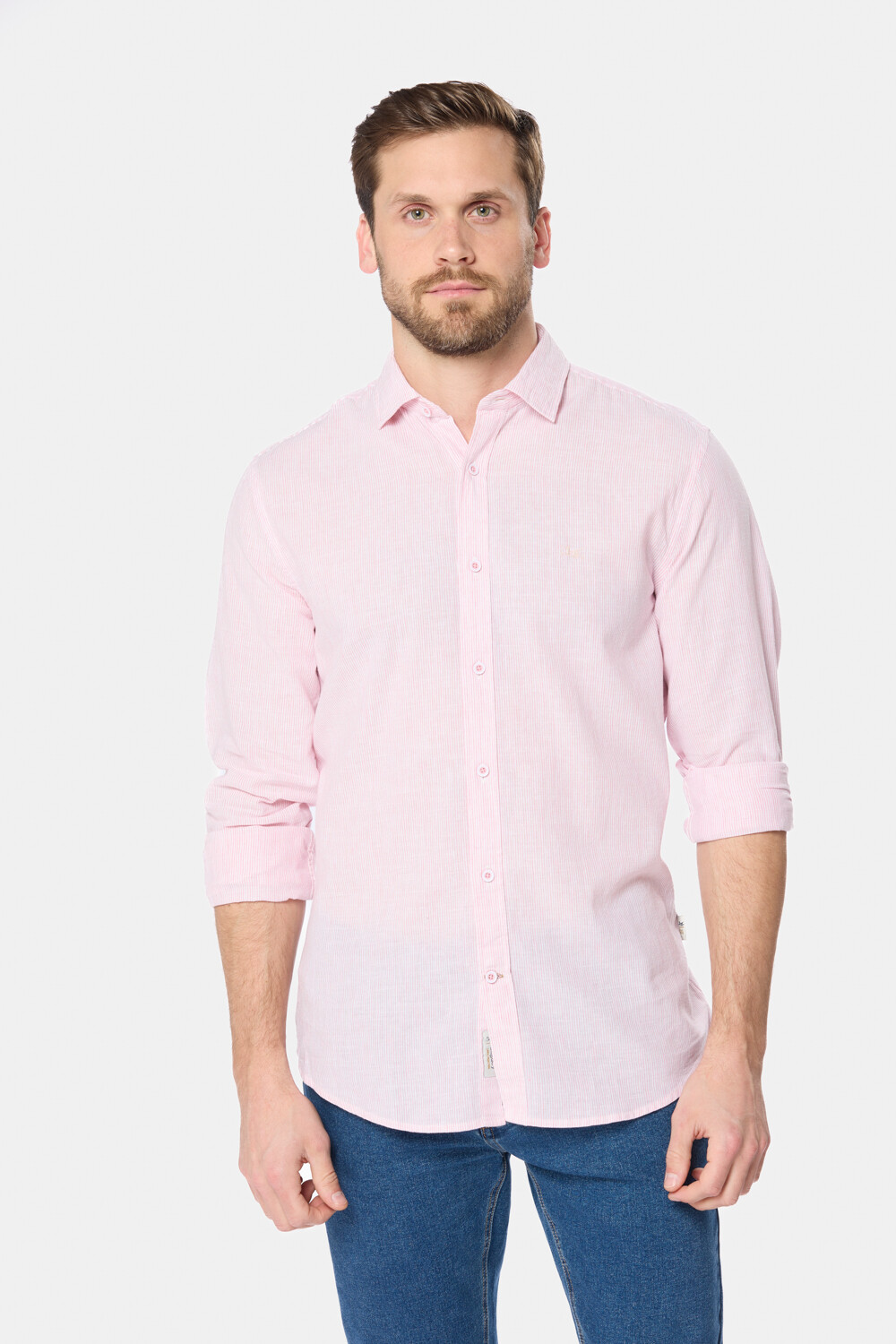 CAMISA DE LINO RAYADA Rosa