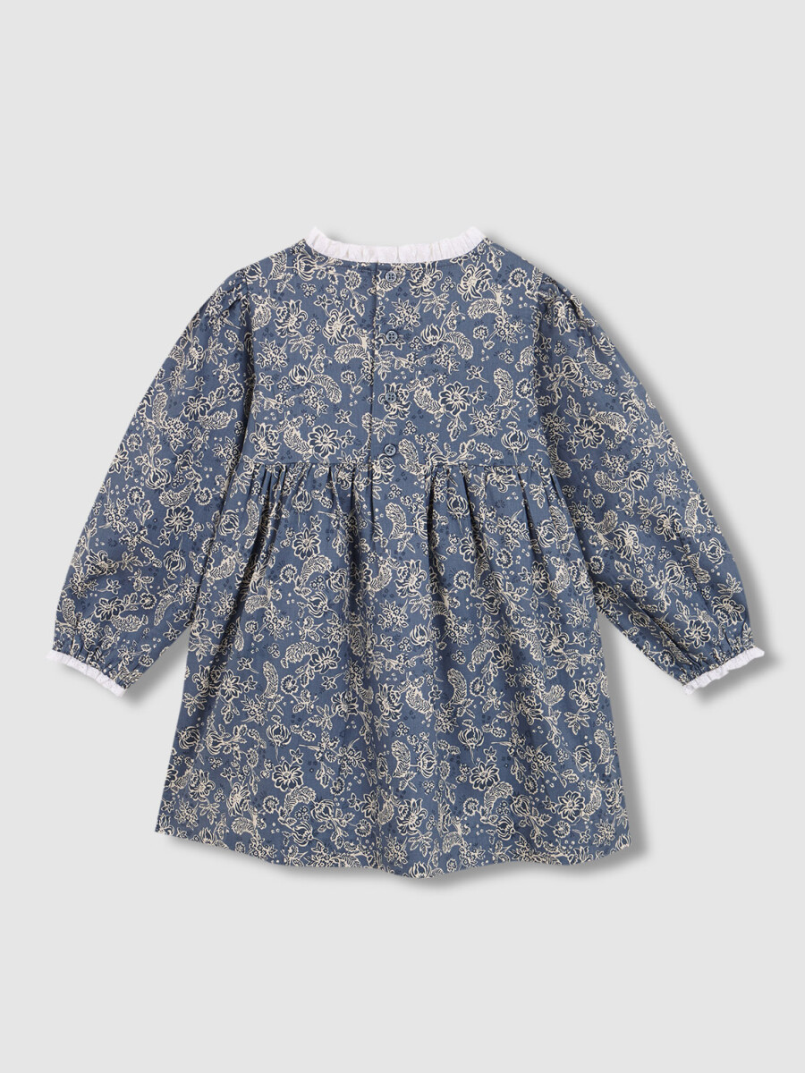 Vestido De Flores Con Smock Gris Azulado