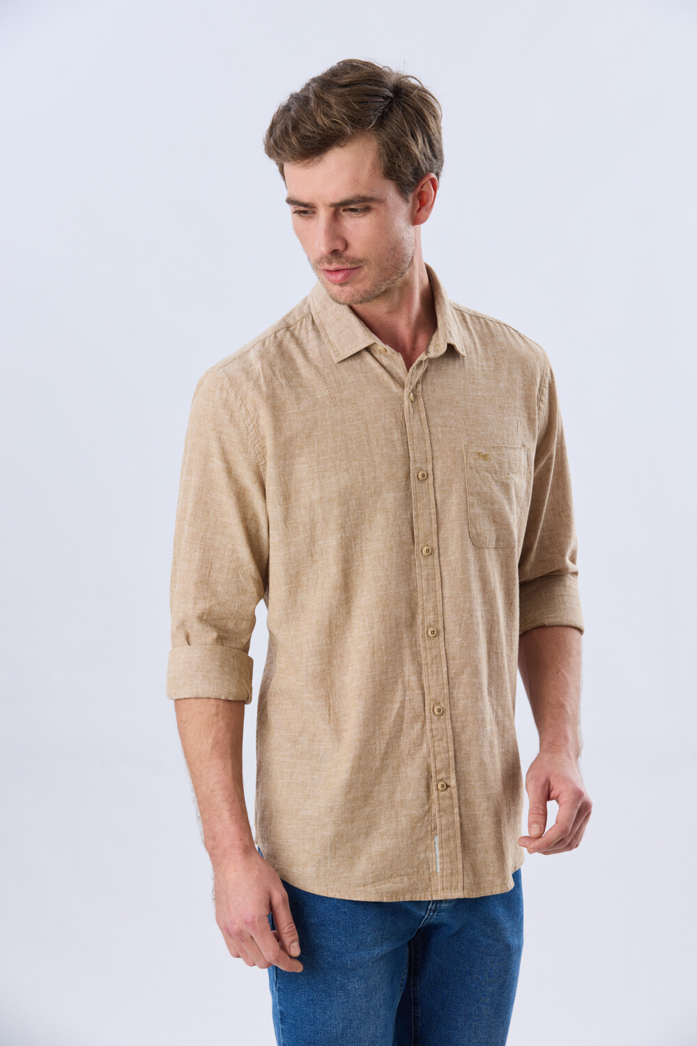 CAMISA LISA DE LINO Camel