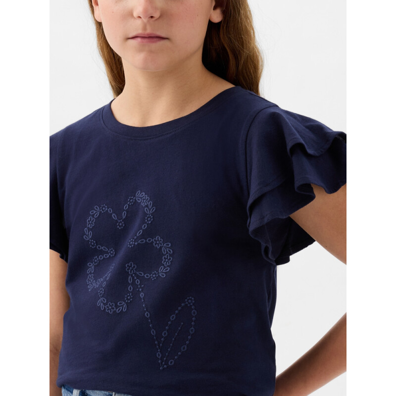SS RUFFLE EMBRO BETTER GRPH TEE NAVY UNIFORM