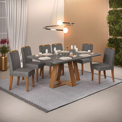 Juego De Comedor - 6 Sillas + Mesa Vidrio - Celeste Gris