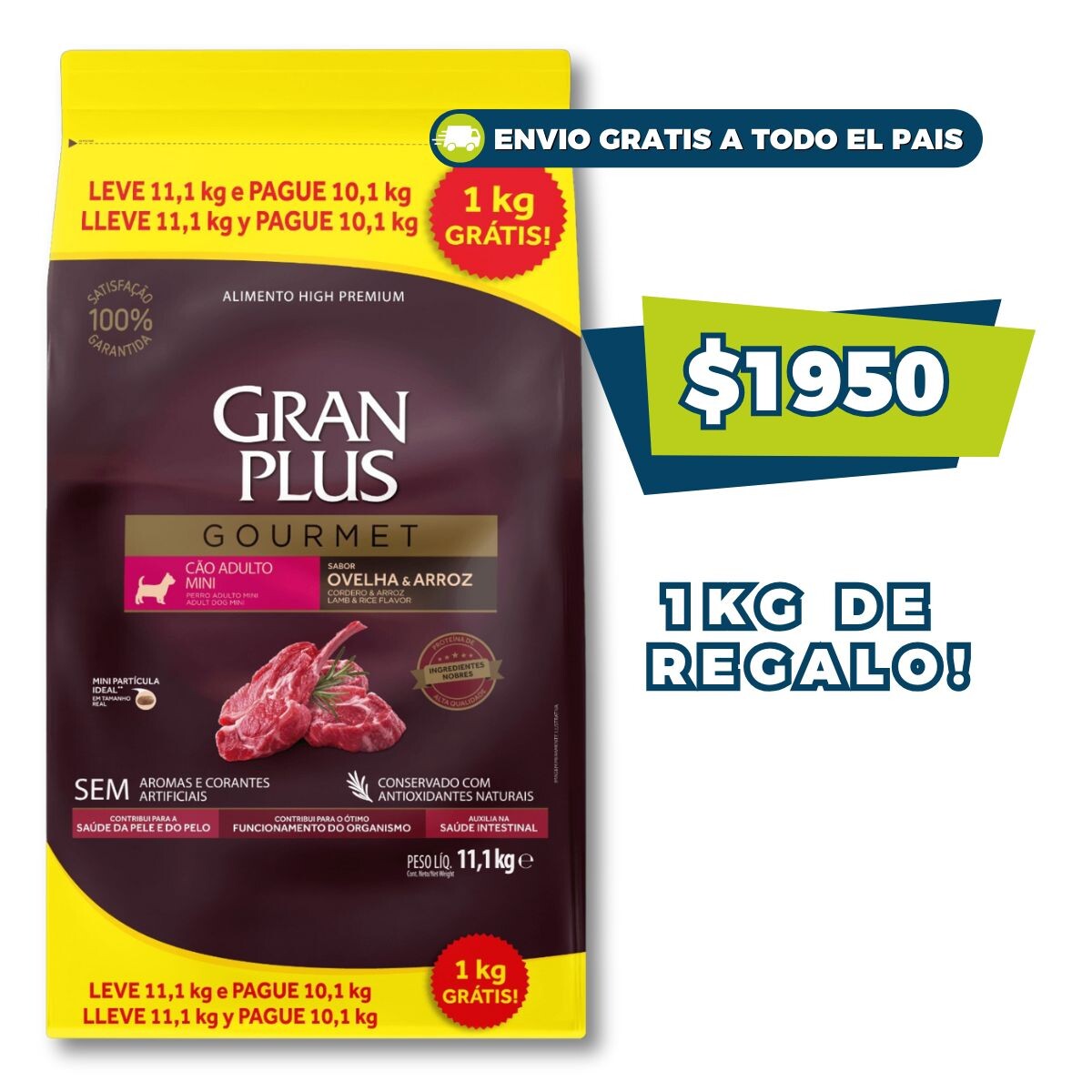 GRAN PLUS GOURMET PERRO ADULTO RAZA PEQUEÑA-MINI CORDERO - 10,1 KILOS + 1 KILO DE REGALO 