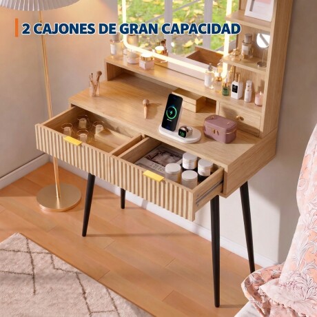 TOCADOR MAQUILLAJE MODERNO ESPEJO LUZ LED + ENCHUFE 3 CAJONES REPISAS ORGANIZADORAS PATAS METÁLICAS RÚSTICO