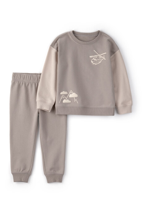 Set dos piezas de algodón, pantalón y buzo, gris, estampa helicóptero Set dos piezas de algodón, pantalón y buzo, gris, estampa helicóptero