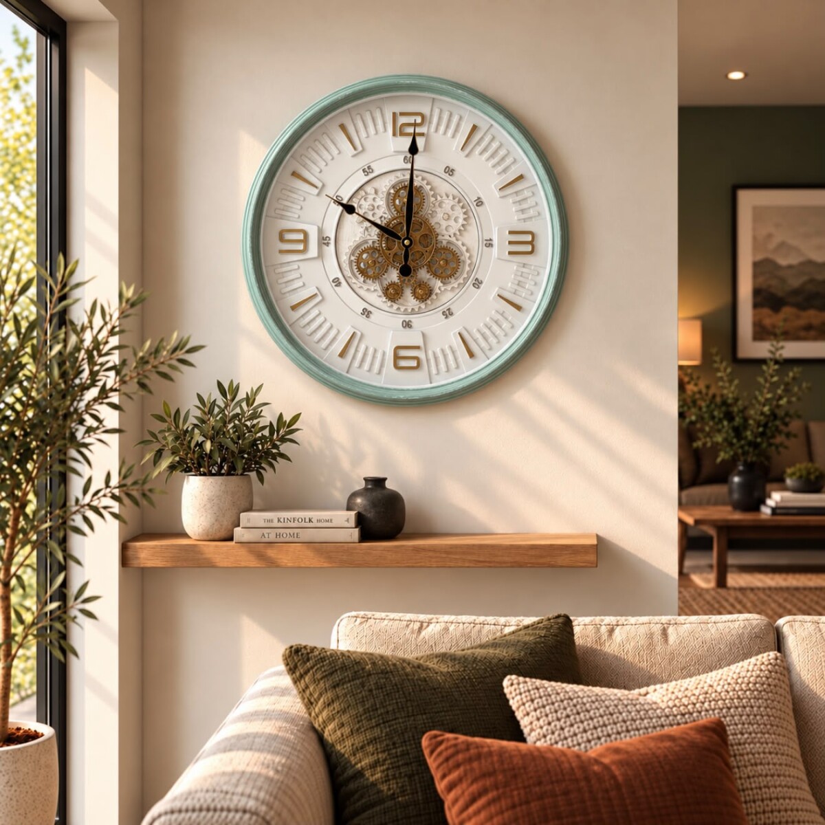 Reloj de Pared Decorativo con Engranajes y Marco Verde Agua- Ø 50cm 
