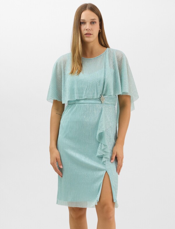 Vestido Con Capa Fluida & Detalle En Cintura VERDE AGUA