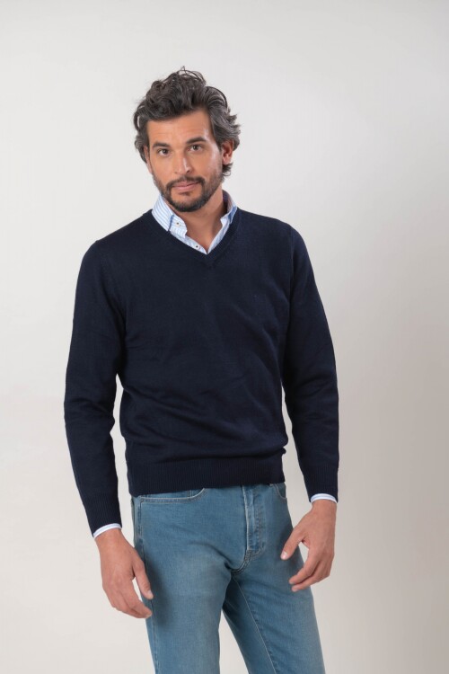 Sweater escote V lana Lambswool Azul Marino