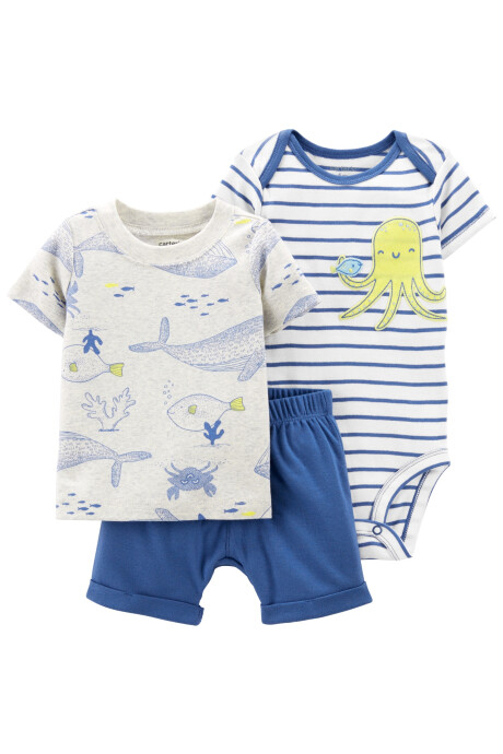 Set tres piezas short, remera y body de algodón Sin color