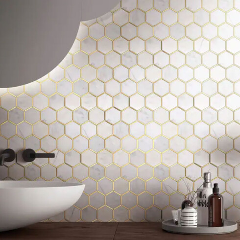Mosaico Hexagonal Vidrio 28X41 Marmolado Con Bordes Dorados 000