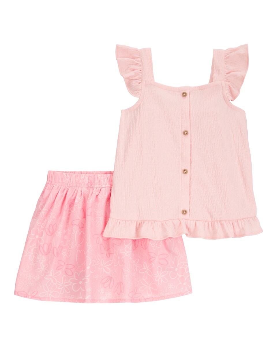 Set dos piezas, short pollera de algodón y blusa de jersey arrugado, rosado 
