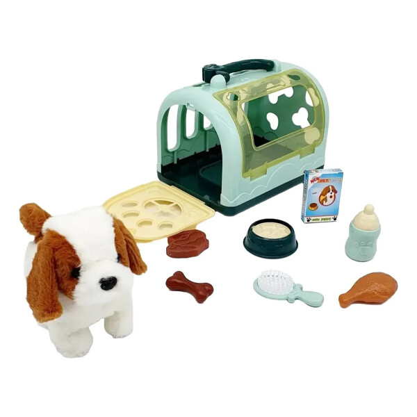 Perro de peluche con jaula transportadora y accesorios Perro de peluche con jaula transportadora y accesorios