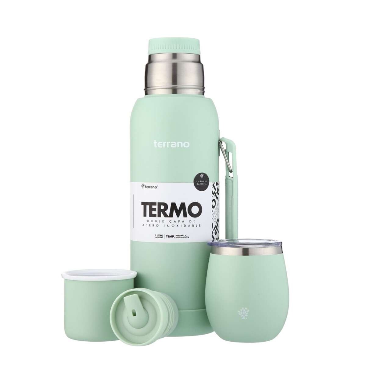 Kit Termo 1Lt Con Base De Silicona + Mate De Acero Con Tapa - Verde Agua 