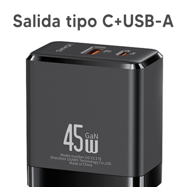 Cargador Para Viaje Gan Cc178 Usb C 45w CARGADOR GAN 45W USBC USBA CC178 USAMS