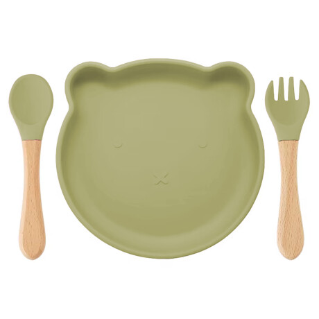 Set Comida Bebé Plato Cuchara Tenedor en Silicona Diseño Oso Verde