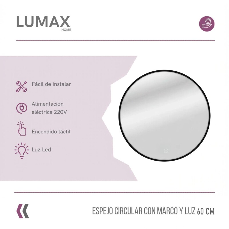 Espejo Lumax Doddy redondo con marco y luz 60cm Negro