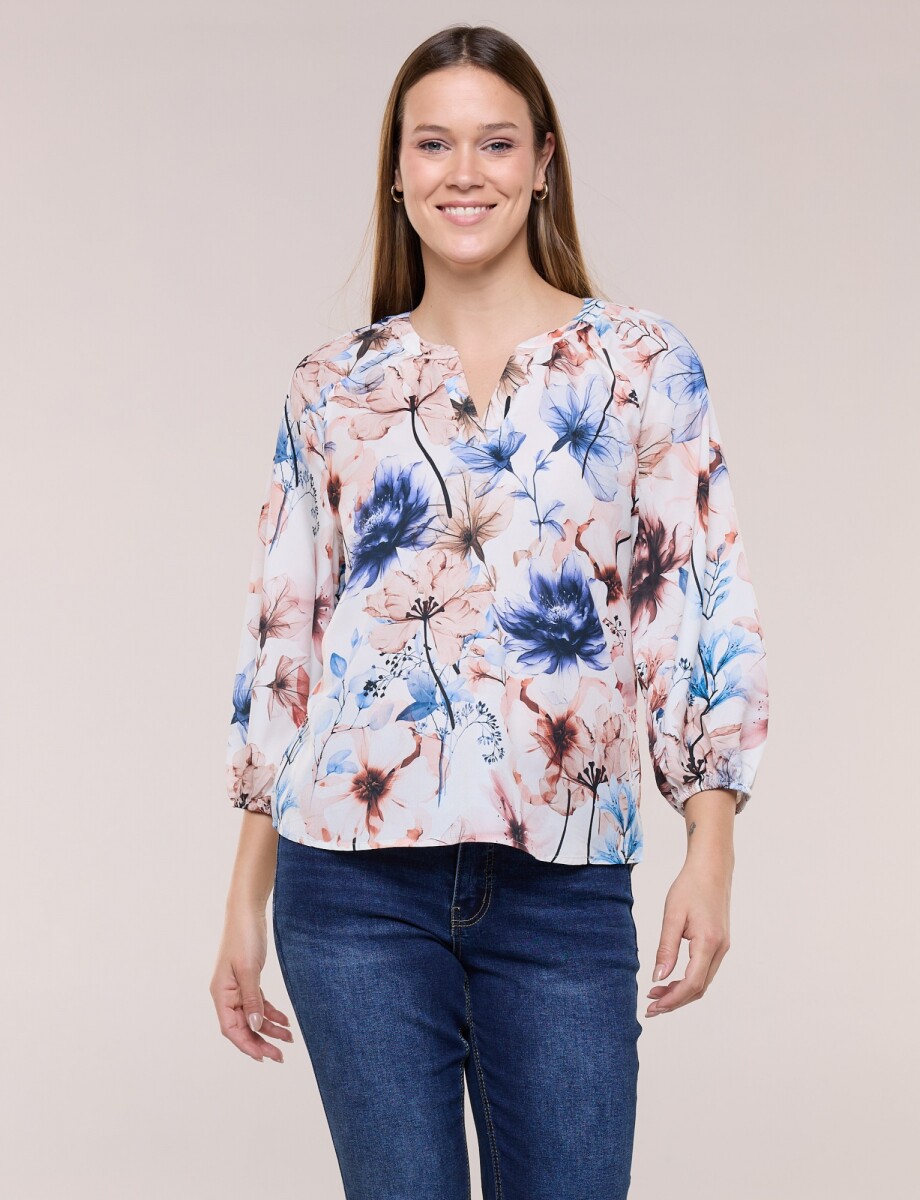Blusa Gasa Escote V Manga 3/4 Abullonada - Multi/crudo 