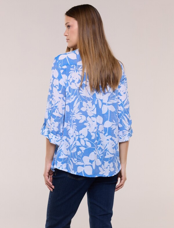 Blusa Liviana Cuello Mao Manga Roll-up BLANCO/AZUL