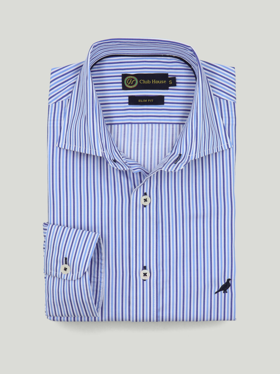 Camisa Short Collar slim fit - Rayas azul y celeste 