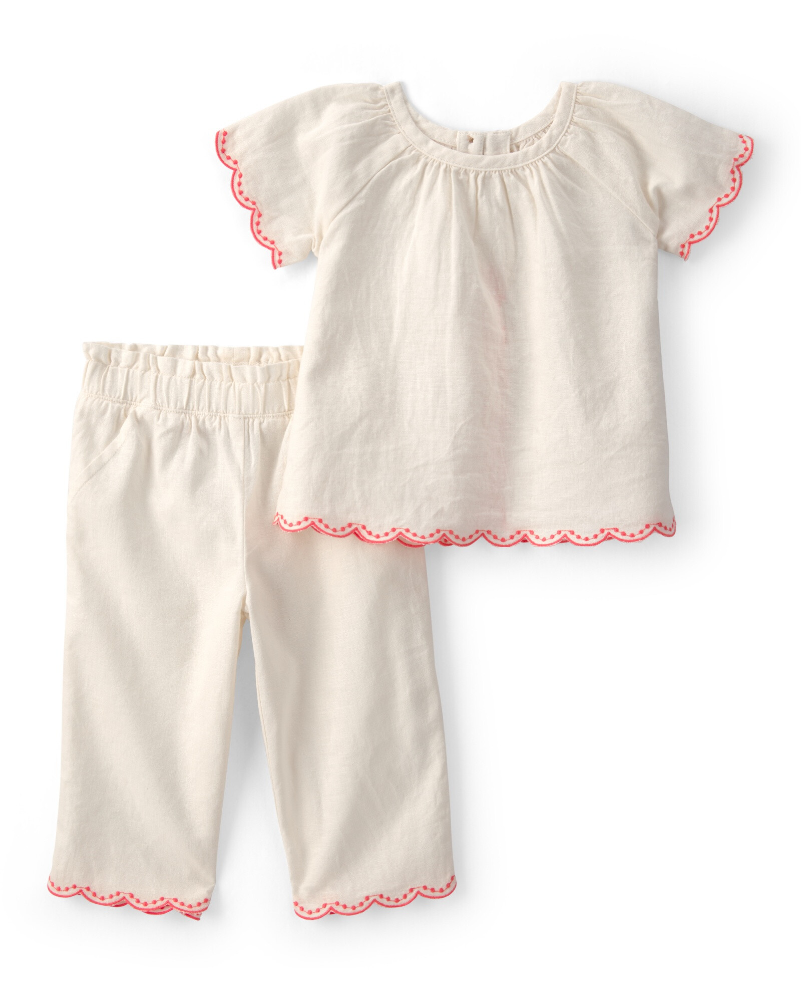 Set dos piezas de lino, pantalón y blusa, crema, ribetes bordados Set dos piezas de lino, pantalón y blusa, crema, ribetes bordados