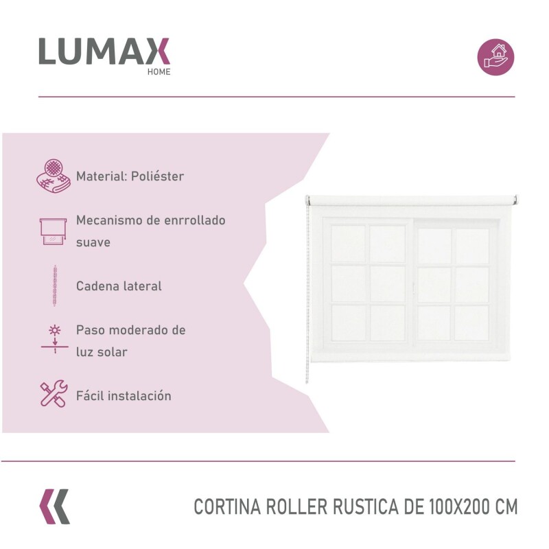 Cortina Roller Rústica Lumax 1.2x1.6m Para Ventana Enrollable Fácil instalación Blanco