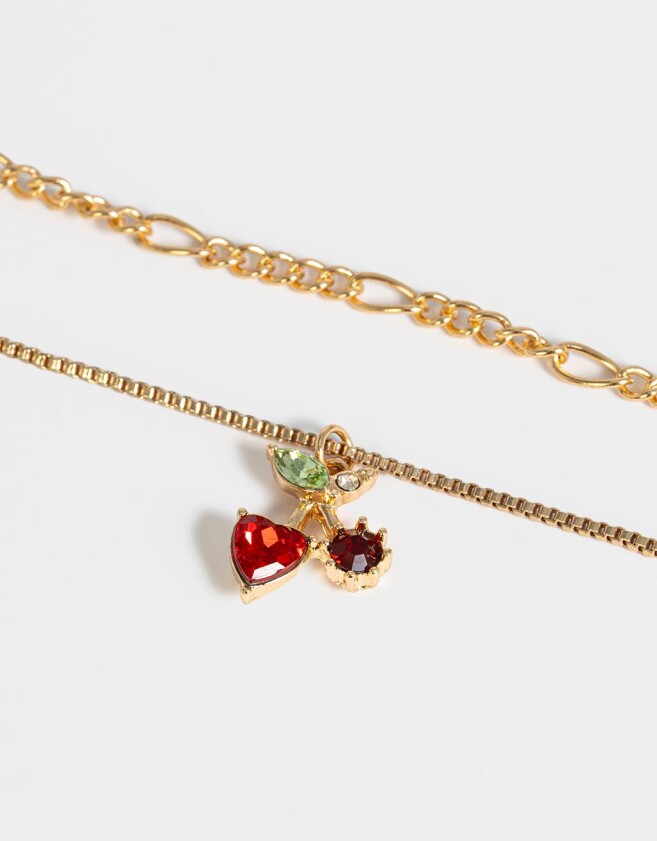 Collares Cortos Frutas Collar Doble Cadena Con Dijes De Frutas - Dorado