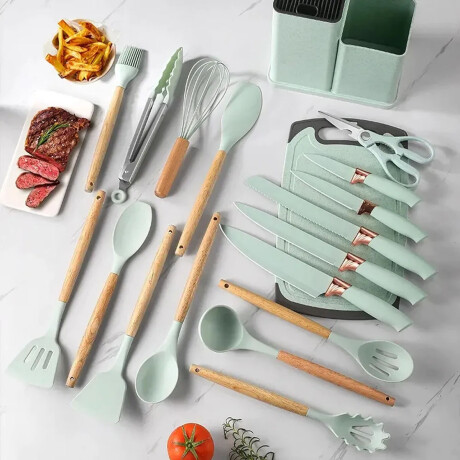 Set Utensilios Cocina 19Pz + Escurridor 3Niv. Drenaje Autom. Verde Claro