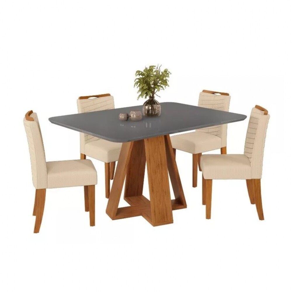 Juego De Comedor - 4 Sillas + Mesa Tapa De Vidrio - Celeste Gris / Beige