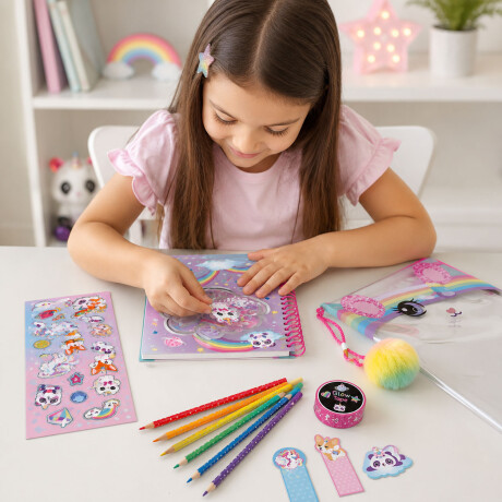 Set Papelería Arte c/Bolso y Libreta p/Colorear + Accesorios Arcoíris