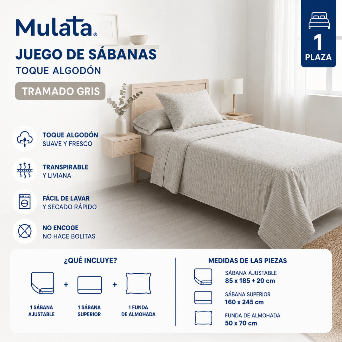 Juego De Sabanas 1 Plaza Toque Algodón Sommier Tramado Gris 