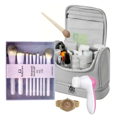 Set Mujer Reloj + Brochas Maquillaje + Neceser + Spa Facial Dorado