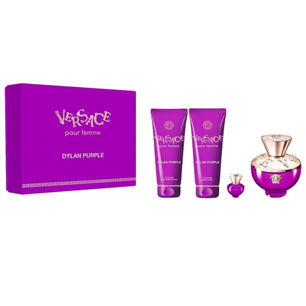 Cofre Perfume Versace Dylan Purple EDP 100ml + Body Lotion 100ml + Shower Gel 100ml + Travel Size 5 ml 